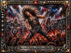 A fierce long-haired rocker headbangs at center stage, gripping a microphone as drums, electric guitar, towering speakers, sparks, smoke, and raised crowd hands explode around him. Fiery reds, metallic silver, black, and electric blue dominate the dramatic lighting. Rich painterly textures and an ornate chrome-and-gold musical frame amplify the rebellious 1980s heavy-metal energy.