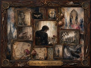 A solitary figure sits bowed beside a softly lit window, surrounded by faded portraits, roses, handwritten letters, sheet music, feathers, and religious imagery. Muted browns, charcoal blacks, dusty blues, and antique gold create a melancholy atmosphere. Layered oil-and-watercolor textures and ornate rosewood framing evoke doubt, memory, longing, and emotional isolation.