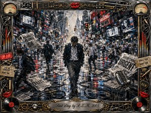 A solitary man trudges through a rain-soaked city overwhelmed by flashing news, scattered newspapers, blurred crowds, and tangled microphone cables. Dark charcoal blacks, metallic grays, vivid reds, and cold blues create a tense, chaotic mood. Expressive painterly textures, reflected streetlights, vintage media imagery, and an ornate music-themed frame intensify the atmosphere.