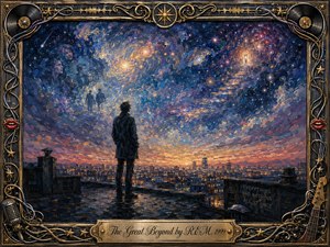 A solitary figure stands on a rooftop beneath a vast, swirling cosmic sky, where glowing galaxies, distant faces, and a luminous stairway suggest mystery and transcendence. Deep blues, violet shadows, and warm gold light create a dreamlike mood. Rich painterly textures and an ornate music-themed frame complete the scene.