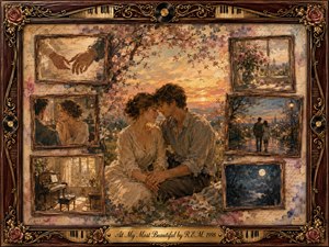 A tender couple sits beneath flowering branches at sunset, surrounded by framed fragments of cherished memories: touching hands, roses, a piano, a twilight walk, and moonlit scenery. Warm gold, blush, cream, and muted blue tones glow through painterly textures, while ornate rosewood, gold filigree, piano keys, and vinyl details frame the nostalgic collage.