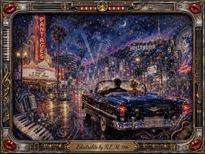 A glamorous nighttime Hollywood boulevard glows beneath a star-filled indigo sky as a couple cruises in a vintage convertible. Neon theaters, palm trees, wet reflections, and musical notes create a dreamy, romantic atmosphere. Rich oil-painted textures, chrome highlights, deep blues, golds, and crimson accents are enclosed by an ornate music-inspired frame.