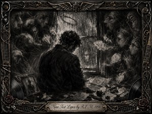 A solitary figure sits before a rain-streaked window, surrounded by ghostly faces emerging from charcoal shadows like whispers and accusations. Deep blacks, smoky grays, faint metallic gold, and dark roses create a haunted mood. Torn letters, blurred reflections, feathered smudges, and an ornate musical frame intensify the introspective, gothic atmosphere.
