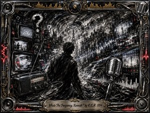 A lone figure faces a chaotic nocturnal city flooded with radio towers, distorted television screens, jagged sound waves, and a gleaming vintage microphone. Deep charcoal textures, black, silver, white, and sharp red accents create an anxious, electric mood. An intricate metallic frame of speakers, cables, meters, and gold inlay completes the surreal composition.