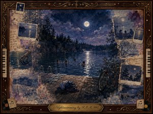 A moonlit lake glows beneath a starry indigo sky as distant swimmers drift through silver reflections beside a weathered wooden dock. Faded Polaroids, handwritten notes, flowers, and nostalgic fragments surround the scene within an ornate rosewood-and-gold musical frame, creating a tender, dreamlike collage of youth, memory, and quiet longing.