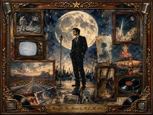 A solitary suited performer stands before a vintage microphone beneath an enormous glowing moon, surrounded by nostalgic Americana fragments: an astronaut, desert highway, diner, television, guitar, and vinyl records. Deep blues, warm golds, and weathered browns create a mysterious, reflective mood, framed in ornate rosewood and metallic musical details.