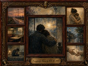 A tender oil-painted collage centers on two grieving figures embracing beside a rain-streaked window, surrounded by smaller scenes of loneliness, empty roads, quiet streets, and reaching hands. Deep rosewood frames, antique gold ornament, muted browns, blues, and amber light create a nostalgic, compassionate mood of sorrow, endurance, and human connection.