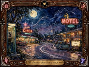 A moonlit roadside motel and glowing diner curve around a quiet, rain-slicked street beneath a deep blue starry sky. Warm neon reds, golds, and turquoise contrast with cool nocturnal shadows. Painterly textures, drifting musical notes, vintage cars, telephone booth, and ornate rosewood musical frame create a whimsical, nostalgic dreamscape.