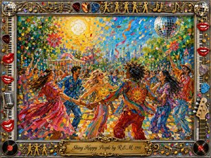 A jubilant crowd dances hand in hand beneath a radiant sun in a colorful outdoor festival. Saturated yellows, blues, reds, greens, and pinks glow through textured acrylic brushwork, confetti, bubbles, flowers, and streamers. An ornate chrome-and-gold music-themed frame surrounds the scene, with records, instruments, smiling lips, and an engraved title plate.