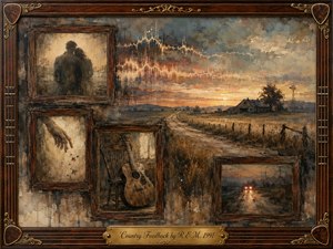 A weathered rural landscape unfolds beneath a smoky blue and amber sunset, surrounded by ornate rosewood and gold detailing. Faded framed memories show a solitary couple, reaching hands, an acoustic guitar, and distant headlights. Layered oil-like textures, muted earth tones, warm light, and waveform markings create a wistful, intimate atmosphere.
