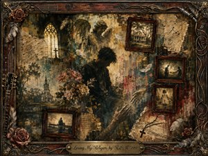 A shadowed figure stands amid a weathered collage of fading memories, framed photographs, roses, feathers, church imagery, and torn sheet music. Sepia, bronze, muted teal, and deep red tones create a melancholy, introspective mood. Soft golden light, distressed textures, and ornate musical framing evoke longing, doubt, devotion, and emotional isolation.