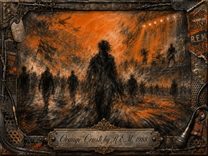 A lone dark figure advances through a chaotic orange battlefield, surrounded by shadowy soldiers, distant helicopters, smoke, and glaring stage lights. Deep charcoal textures and scorched black brushwork create a tense, haunted mood. A rugged industrial frame of rusted metal, cables, barbed wire, and microphone hardware encloses the dramatic composition.