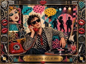 A stylish young man lounges with a red telephone amid a vivid 1980s pop-art interior filled with records, speakers, dancing silhouettes, and geometric patterns. Bright reds, teal, pink, yellow, black, and chrome glow under stage lighting. Bold acrylic textures, playful speech bubbles, musical motifs, and an ornate framed border create energetic, ironic retro charm.