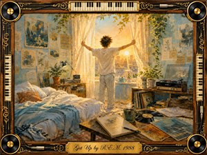 A sleepy figure throws open sheer curtains to greet a brilliant golden sunrise in a cozy, music-filled bedroom. Warm amber light floods pale blue walls, rumpled bedding, records, sketches, and plants. Painterly textures create an energetic, hopeful mood, framed by dark wood, piano keys, vinyl records, cables, and ornate gold details.