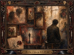 A solitary man sits amid a fading collage of lovers, roses, handwritten memories, and distant stage lights, evoking longing and emotional distance. Warm sepia, crimson, amber, and smoky blue tones glow through layered oil, acrylic, and watercolor textures. An ornate rosewood-and-gold musical frame completes the wistful, weathered composition.