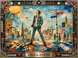 A sharply dressed figure stands confidently in a surreal, sunlit city plaza filled with playful signs, dancers, geometric streets, and floating musical symbols. Bright blues, oranges, yellows, and reds create an upbeat, whimsical mood. Textured painterly brushwork, strong daylight, and an ornate music-themed frame enhance the energetic composition.