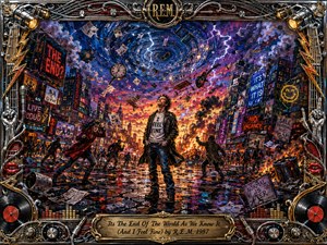 A lone, calm figure stands amid a chaotic city apocalypse as fires, lightning, flying debris, and frantic crowds fill the streets. Saturated blues, purples, oranges, and reds create electric tension beneath dramatic storm lighting. Expressive painted textures heighten the surreal energy, while an elaborate chrome-and-gold music-themed frame reinforces defiant rock-and-roll resilience.