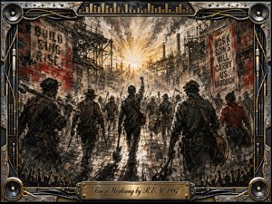 A determined crowd of workers and musicians marches through a gritty industrial street toward a blazing sunrise, surrounded by scaffolding, smokestacks, and weathered brick. Deep charcoal textures, muted reds, steel gray, and warm gold create an anthemic mood. A chrome-and-brass musical frame with speakers and cables completes the powerful composition.