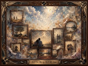 A nostalgic collage of weathered rosewood frames surrounds tender memories of couples, children, landscapes, and quiet solitude beneath a luminous blue-and-gold sky. Soft feathers drift through warm, fading light, creating a wistful, reflective mood. Painterly textures blend oil, acrylic, and watercolor effects, while ornate musical details frame the scene.