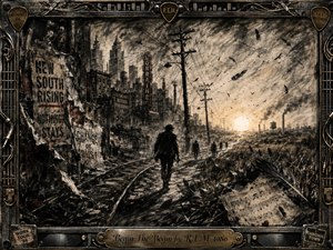 A lone figure walks along abandoned railway tracks between a decaying industrial city and overgrown countryside, moving toward a glowing sunrise. Deep charcoal textures, smoky blacks, weathered browns, and muted gold create a restless, defiant mood. Torn posters, circling birds, power lines, sheet music, and an ornate music-themed metal frame reinforce themes of change and renewal.