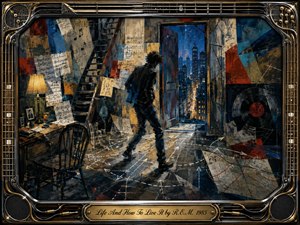 A solitary figure crosses a chaotic, music-filled room toward an open doorway glowing with blue city lights. Layered sheet music, geometric fragments, a vinyl record, ladder, desk, and directional markings create restless motion. Rich blues, ochres, reds, and black combine with warm lamplight in a textured, expressive painted style.