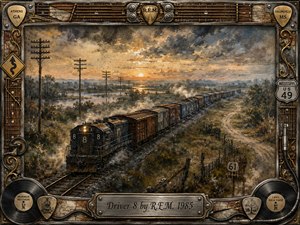 A weathered freight train curves through a quiet Southern landscape beneath a glowing, storm-streaked sunset, evoking restless travel and melancholy reflection. Earthy browns, muted blues, charcoal, and gold shape the textured oil-and-watercolor scene. Telegraph poles, marshland, road signs, smoke, and an ornate music-themed frame deepen its nostalgic Americana atmosphere.