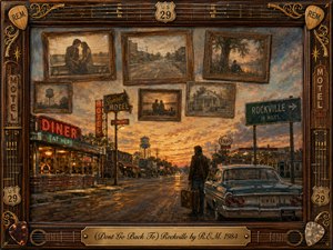 A solitary traveler stands beside a vintage car on a rain-darkened small-town road at sunset, contemplating a distant Rockville sign. Warm amber light, muted blues, and weathered textures create a wistful, nostalgic mood. Framed memory scenes hover above, while ornate rosewood, guitar strings, picks, and brass details surround the painterly composition.