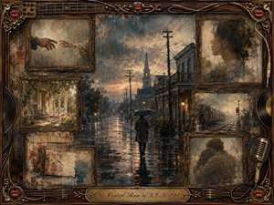 A solitary figure walks beneath an umbrella along a rain-soaked Southern street, surrounded by faded framed memories of hands, a porch, a train, letters, and an embrace. Muted blues, sepia browns, and soft gold light create a wistful mood, while layered oil, acrylic, and watercolor textures deepen the nostalgic atmosphere.