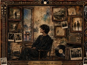 A solitary young man sits beside a rain-streaked city window, surrounded by weathered rosewood frames, faded photographs, vinyl records, and a vintage radio. Sepia browns, muted blues, and amber highlights create a nostalgic, introspective mood. Painterly textures, reflective streets, handwritten fragments, and antique musical details evoke memory, stillness, and restless observation.