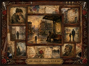 A nostalgic mixed-media collage frames rain-darkened city streets, vulnerable figures, and tender human moments in weathered rosewood. Warm sepia, smoky blue, muted red, and antique gold glow beneath soft twilight lighting. Layered sheet music, handwritten notes, roses, microphones, vinyl records, and ornate gold details create a compassionate, melancholy atmosphere of memory, dignity, and hope.