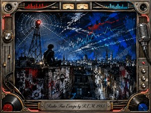 A lone figure sits above a nocturnal European city beneath a towering radio mast, surrounded by pulsing broadcast waves and fractured streaks of blue, white, and red. Moody industrial lighting and wet streets create restless tension, while expressive painted textures, vintage electronics, records, meters, cables, and a microphone form the elaborate metallic frame.