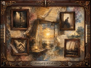 A nostalgic musical memory collage surrounds a glowing sunset seen through an open window, framed by aged rosewood, gold filigree, guitar strings, and vintage recording details. Sepia portraits, clasped hands, sheet music, feathers, roses, and a lone microphone create a reflective, spiritual mood in warm amber, muted blue, and weathered watercolor textures.