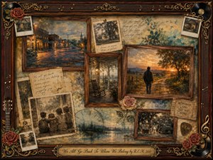 A richly textured nostalgic collage frames memories of home, family, and returning, with rosewood picture frames, sepia photographs, a glowing small-town street, a porch, and a lone figure walking toward sunset. Warm gold, brown, blue, and rose tones blend through painterly washes, while musical ornaments, roses, vinyl records, and handwritten keepsakes deepen the tender, reflective mood.