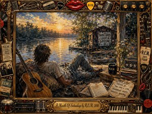 A nostalgic oil-painted lakeside scene shows a relaxed figure reclining beside an acoustic guitar at golden sunset, surrounded by notebooks, records, a radio, and wildflowers. Warm amber light reflects across the water beneath shadowed trees. An ornate gold-and-black music-themed frame, filled with instruments and memorabilia, completes the intimate, reflective mood.