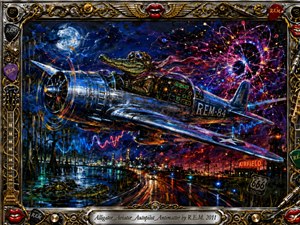 A leather-capped alligator pilots a gleaming retro aircraft through a surreal night sky exploding with violet antimatter, electric sound waves, and streaking highway lights. Deep blues, fiery reds, chrome reflections, and neon accents create a wild, energetic mood. An ornate metallic music-themed frame and engraved title plate complete the vivid painterly composition.