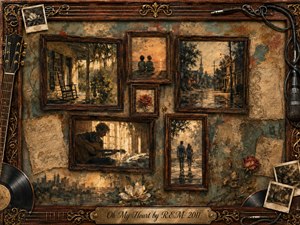A nostalgic rosewood-framed collage gathers faded memories of porches, quiet streets, sunsets, music, roses, and a couple walking together. Warm amber, sepia, muted teal, and deep brown tones glow beneath soft, aged lighting. Painterly textures blend oil, acrylic, and watercolor effects, while guitars, records, cables, and ornate gold details enrich the sentimental composition.