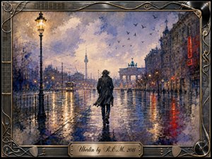 A solitary figure walks through rain-soaked Berlin at twilight, framed by glowing streetlamps, tram wires, distant landmarks, and reflective pavement. Moody blues, violets, amber, and crimson lights create a contemplative urban atmosphere. Expressive painterly textures soften the cityscape, while metallic guitar strings, records, and hardware form an intricate decorative border.