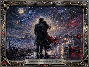 A solitary couple embraces beside a rain-slick highway overlooking a glowing city, surrounded by a turbulent cosmic sky of stars, moonlight, and swirling gold patterns. Deep blues, blacks, reds, and metallic highlights create a mysterious romantic mood. Expressive painterly textures, reflections, and an ornate music-themed frame intensify the dreamlike atmosphere.