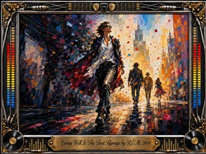A confident figure strides through a rain-slicked city as darkness gives way to radiant golden light, symbolizing resilience and renewal. Energetic acrylic brushwork blends deep blues, vivid reds, oranges, and electric highlights. Confetti-like fragments swirl overhead, while a chrome-and-gold music-themed frame and engraved title plate complete the triumphant composition.