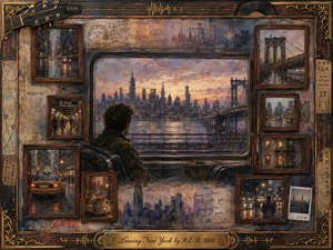 A solitary traveler gazes toward Manhattan at dusk from a train window, surrounded by faded framed memories of rainy streets, bridges, taxis, apartments, and Penn Station. Warm amber, bronze, violet, and blue tones create a wistful mood. Painterly textures, weathered maps, musical details, and ornate rosewood framing evoke departure, nostalgia, and lingering attachment.