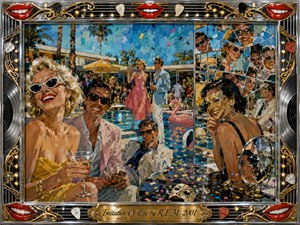 A glamorous poolside party unfolds in vivid acrylic textures, where smiling guests, cocktails, confetti, and fragmented mirrors suggest beauty masking quiet detachment. Saturated blues, pinks, golds, and sunlit highlights create a theatrical, bittersweet mood, framed by chrome, gold filigree, red lips, guitar motifs, and an engraved title plate.