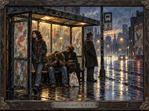 A rain-soaked city bus shelter glows warmly against a cold blue-gray evening as weary strangers share a quiet moment of vulnerability and comfort. Reflective pavement, distant headlights, weathered posters, and heavy brush textures deepen the melancholy. A dark handcrafted musical frame and engraved title plate complete the intimate, compassionate composition.