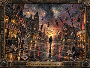 A lone figure walks down a rain-soaked city street beneath a turbulent, apocalyptic sky filled with swirling debris, suspended traffic lights, and scattered newspapers. Fiery orange light breaks through bruised purple clouds, reflecting across wet pavement. Rich, textured brushwork, distressed architecture, dramatic shadows, and an industrial musical frame create restless urgency.