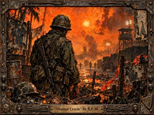 A lone soldier stands amid a devastated military landscape beneath a blazing orange sky filled with smoke and distant helicopters. Muddy reflections, watchtowers, trucks, torn fabric, and scattered debris deepen the tense atmosphere. Heavy impasto, scratched textures, rusted metal framing, and fiery lighting create a haunting, handcrafted wartime vision.