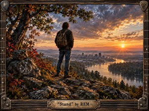 A lone traveler stands on a rocky autumn overlook, gazing across a misty river valley toward a distant city beneath a glowing sunset. Warm gold, rust, and deep blue tones create a reflective, hopeful mood. Painterly realism, dramatic clouds, rugged textures, and an ornate guitar-inspired frame enrich the composition.