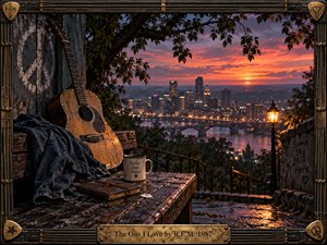 A weathered acoustic guitar and denim jacket rest on a rain-darkened bench above a glowing city at sunset. Warm orange and violet skies contrast with cool blue shadows, while a lamppost, journal, mug, river, and distant bridges deepen the reflective mood. A distressed metal frame and engraved title plate complete the handcrafted, nostalgic composition.