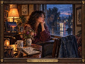 A contemplative woman sits beside a rain-streaked window, surrounded by warm lamplight, wilted flowers, photographs, and a quiet record player. Outside, wet streets glow beneath blue twilight and distant headlights. Rich wood, amber highlights, burgundy clothing, and painterly textures create a nostalgic, intimate mood of enduring love and longing.