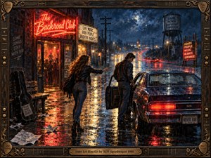 A rain-soaked roadside club glows with red neon as a woman reaches toward a man beside an open car door. Wet pavement mirrors amber lights and distant taillights, creating a tense, cinematic mood. Rich blues, reds, and bronze details enhance the textured oil-painted scene within a rock-inspired decorative frame.
