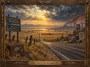 A weathered highway stretches through golden fields toward distant mountains and an industrial town beneath storm-darkened skies. Warm sunlight breaks through clouds, illuminating wild grasses, old signs, fences, and a battered suitcase. Rich oil-paint textures, amber light, smoky blues, and an ornate wooden musical frame create a hopeful yet uneasy 1970s atmosphere.