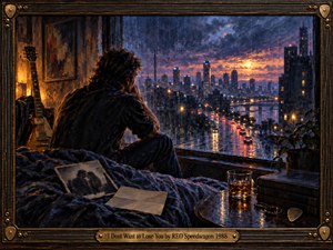 A solitary man sits beside a rain-streaked window, gazing over a glowing city at twilight. Deep blues, charcoal shadows, amber lights, wet reflections, a nearby guitar, photograph, and glass create a mood of regret and longing. Rich oil-painted textures and dramatic lighting give the scene cinematic emotional depth.